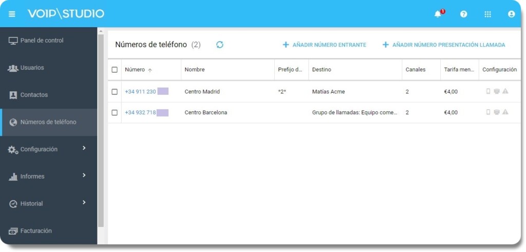 VoIPstudio Numeracion