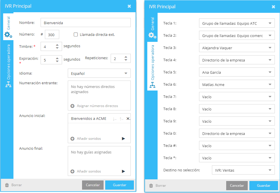 opciones seleccion atencion llamadas