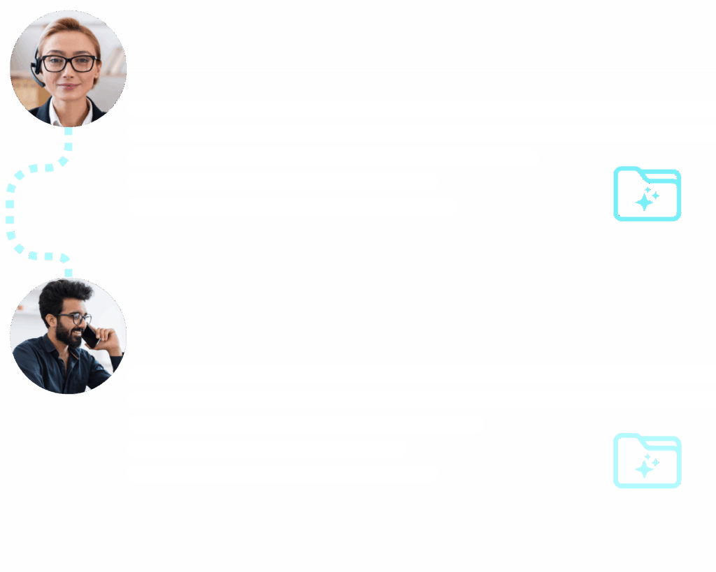 Two people, one with a headset and one with glasses and a beard, are connected by a dotted line to blue folder icons on a white background, suggesting a communication process.