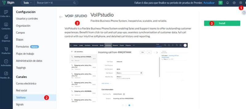 instalacion Zoho Bigin VoIPstudio