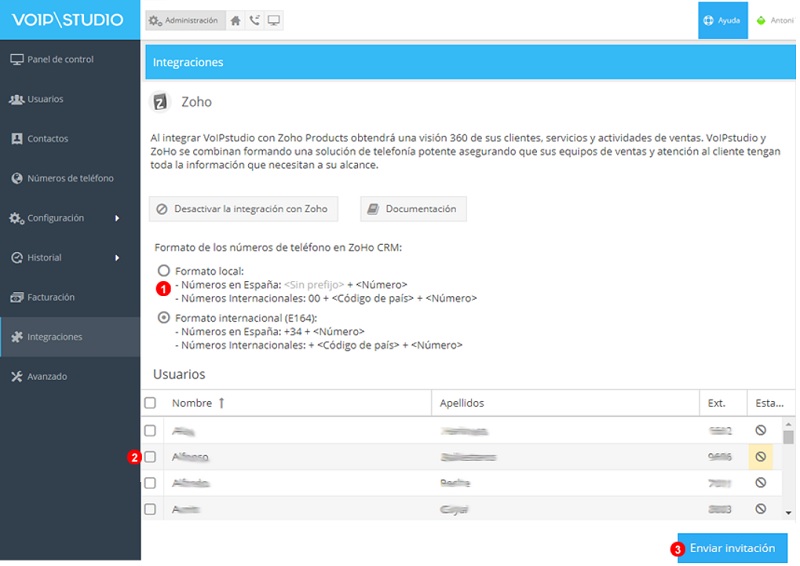 usuarios en integracion Zoho Bigin VoIPstudio