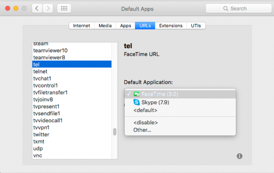 Adjust the Default Tel app under MacOS