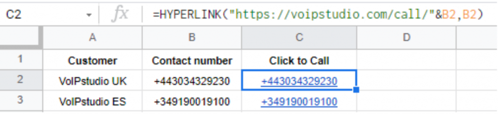 Example to make phone numbers callable from Google Sheets