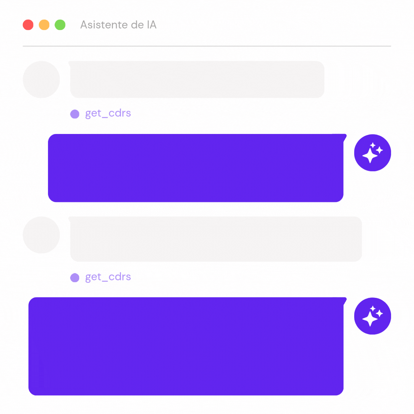 Ilustración animada de un asistente de IA utilizando el servidor MCP de VoIPstudio para responder preguntas en lenguaje natural sobre datos de llamadas. La interfaz muestra consultas de usuario, llamadas a herramientas MCP (get_cdrs) y respuestas generadas por IA que analizan llamadas entrantes perdidas y actividad de devolución de llamadas.