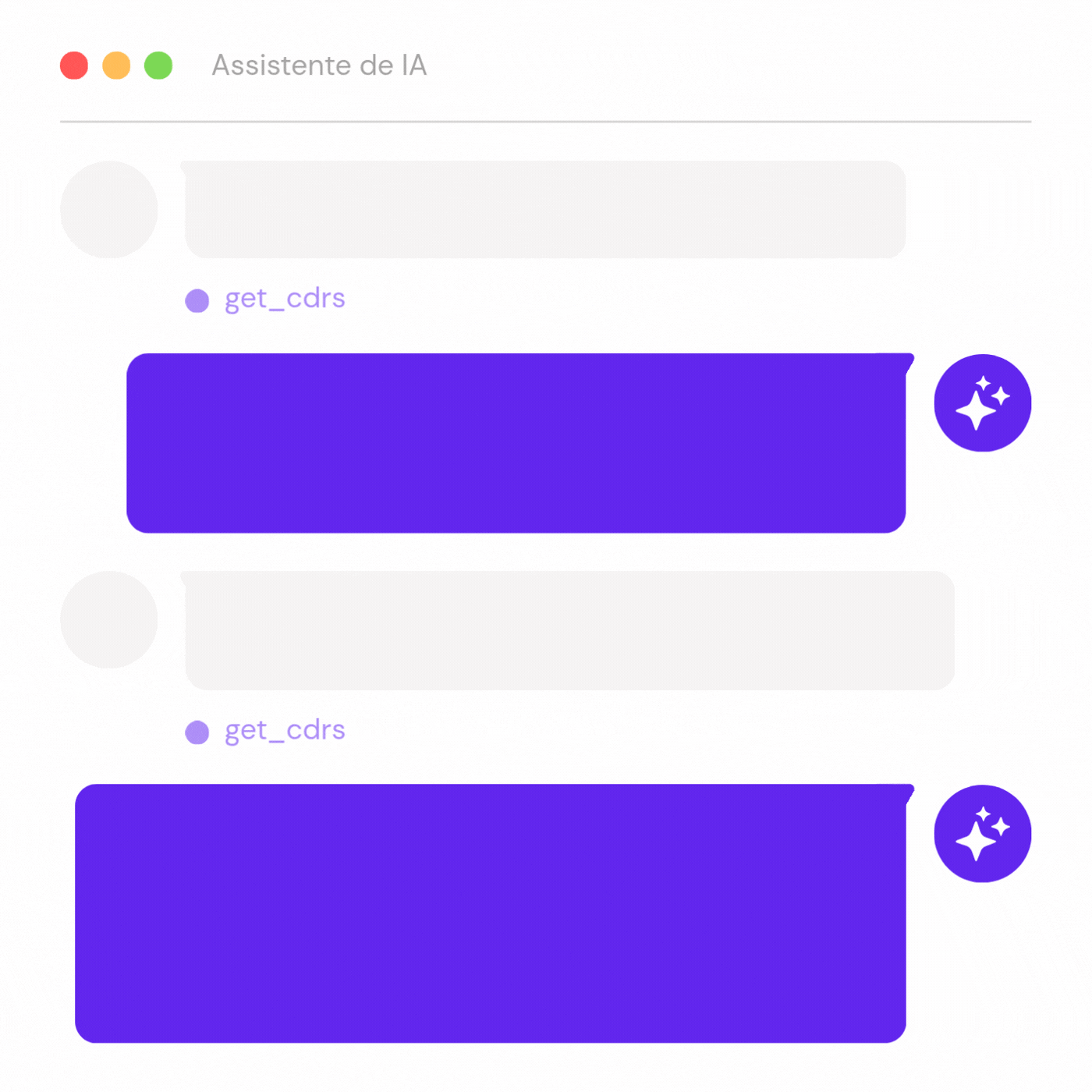 Ilustração animada de um assistente de IA a utilizar o Servidor MCP do VoIPstudio para responder a perguntas em linguagem natural sobre dados de chamadas. A interface mostra as consultas do utilizador, as chamadas de ferramentas MCP (get_cdrs) e as respostas geradas pela IA a analisar chamadas recebidas perdidas e atividade de retorno de chamada.