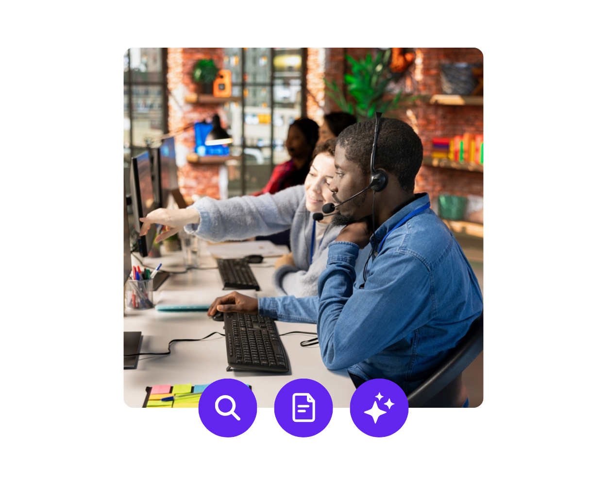 The image shows a call center onboarding specialist providing training to a new employee.