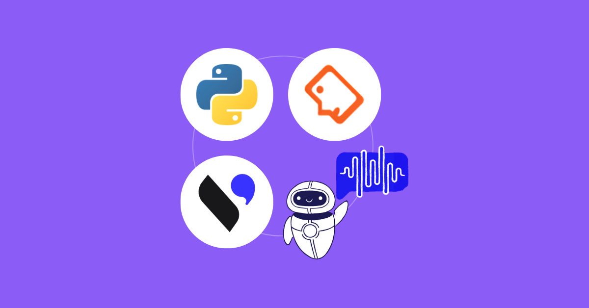 An illustration with a Python, PJSIP and VoIPstudio logos and an AI voice assistant illustration
