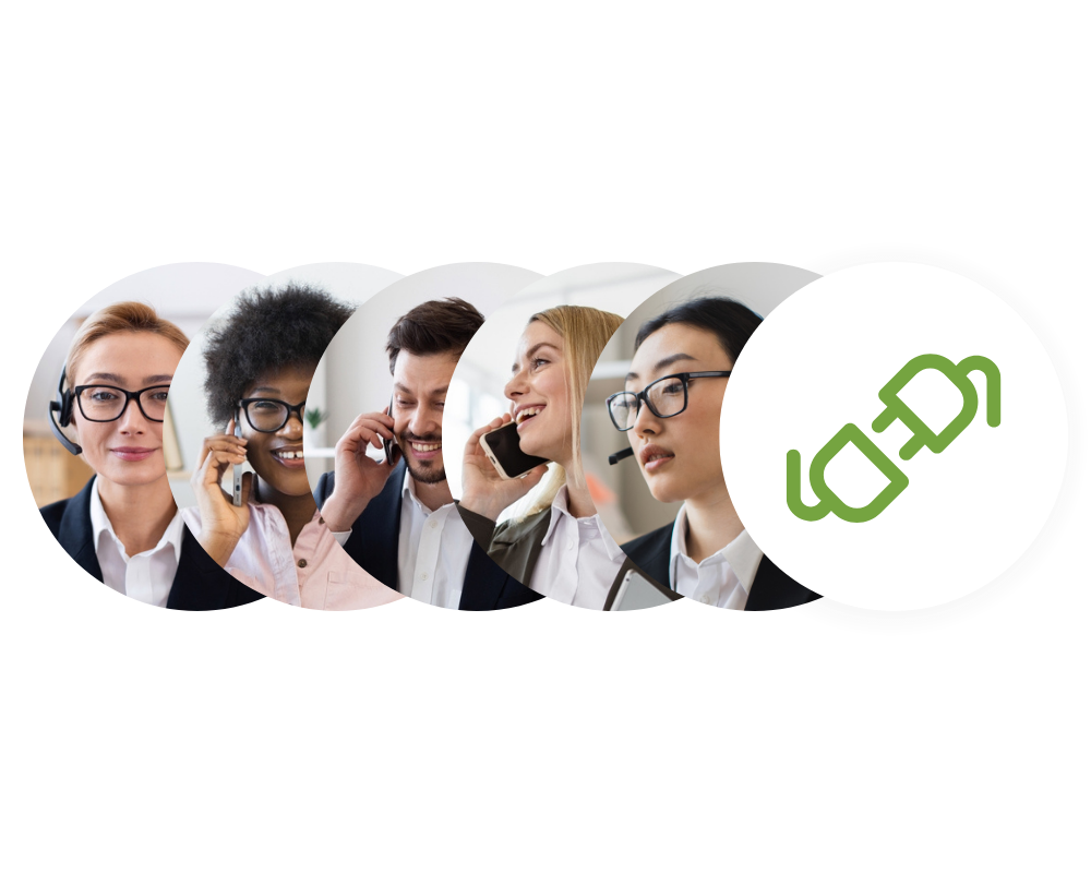Five overlapping circles show diverse people wearing headsets and talking, suggesting customer support or teamwork. The last circle features a green broken chain link icon, symbolizing disconnection or a break.
