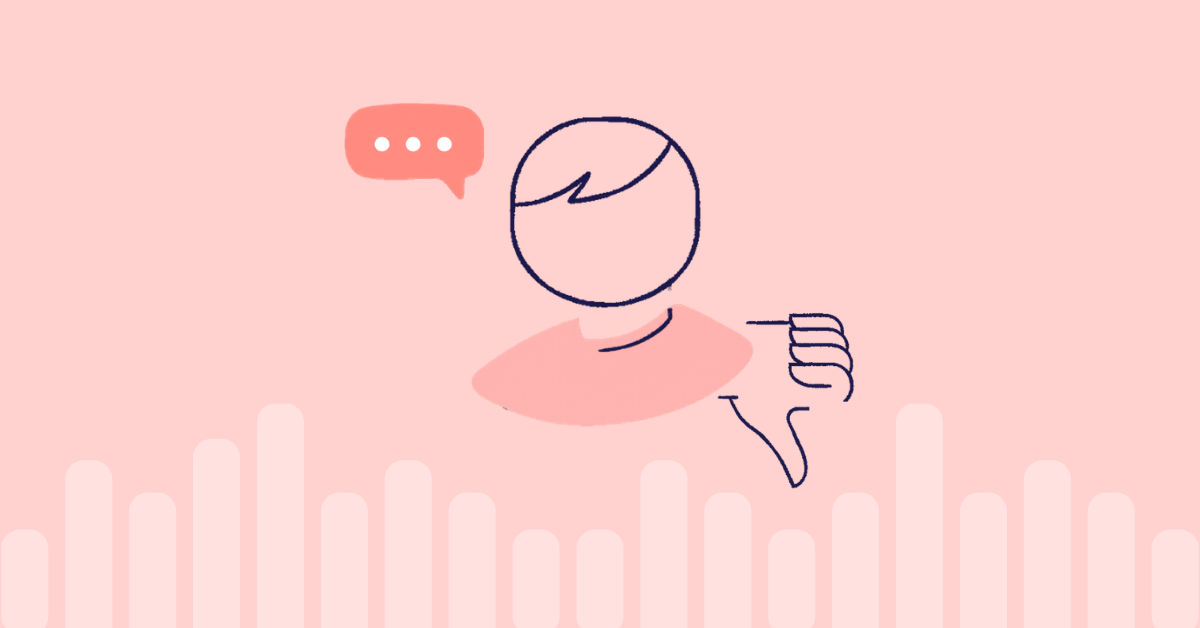 Ilustração minimalista de uma pessoa com um balão de fala e um gesto de polegar para baixo, sobre um fundo rosa suave com formas de barras abstratas, sugerindo insatisfação ou comunicação não resolvida.