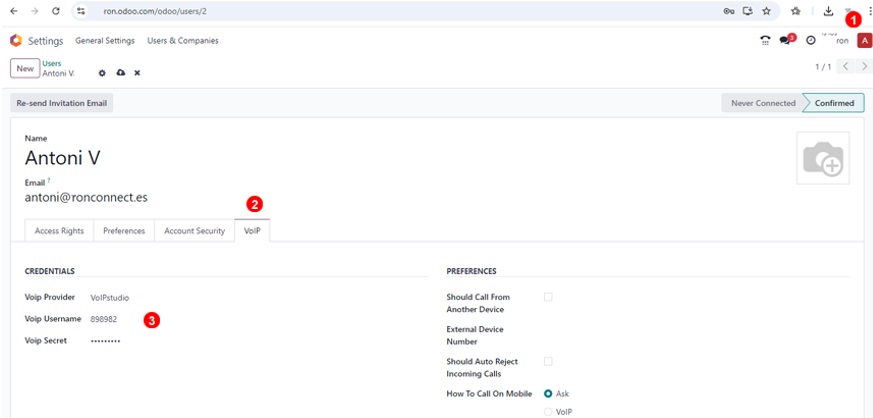 VoIPstudio credentials in Odoo