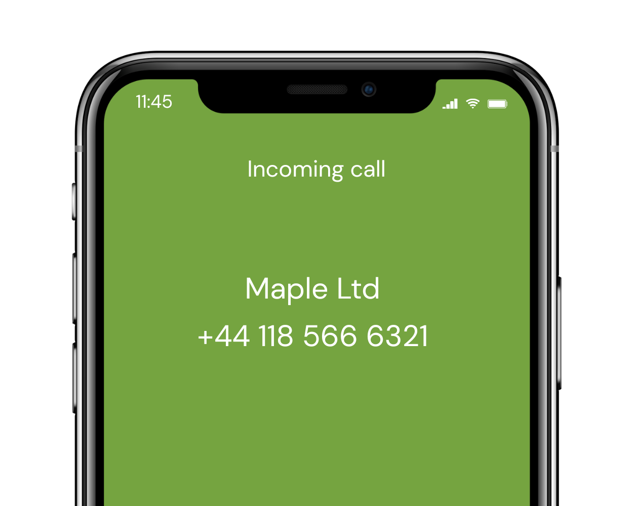 Ein Smartphone-Bildschirm zeigt einen eingehenden Anruf von „Maple Ltd“ mit der Telefonnummer +44 118 566 6321 auf grünem Hintergrund. Die angezeigte Uhrzeit ist 11:45 Uhr, und Signal-, WLAN- und Akku-Symbole sind sichtbar.