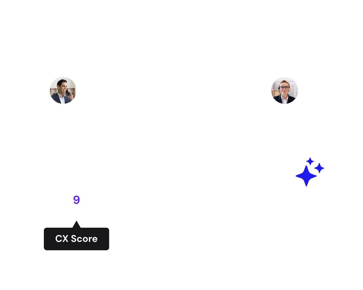A chat interface with two user profile photos, several message bubbles, a "CX Score" label pointing to the number 9, and a few decorative blue sparkles on the right.
