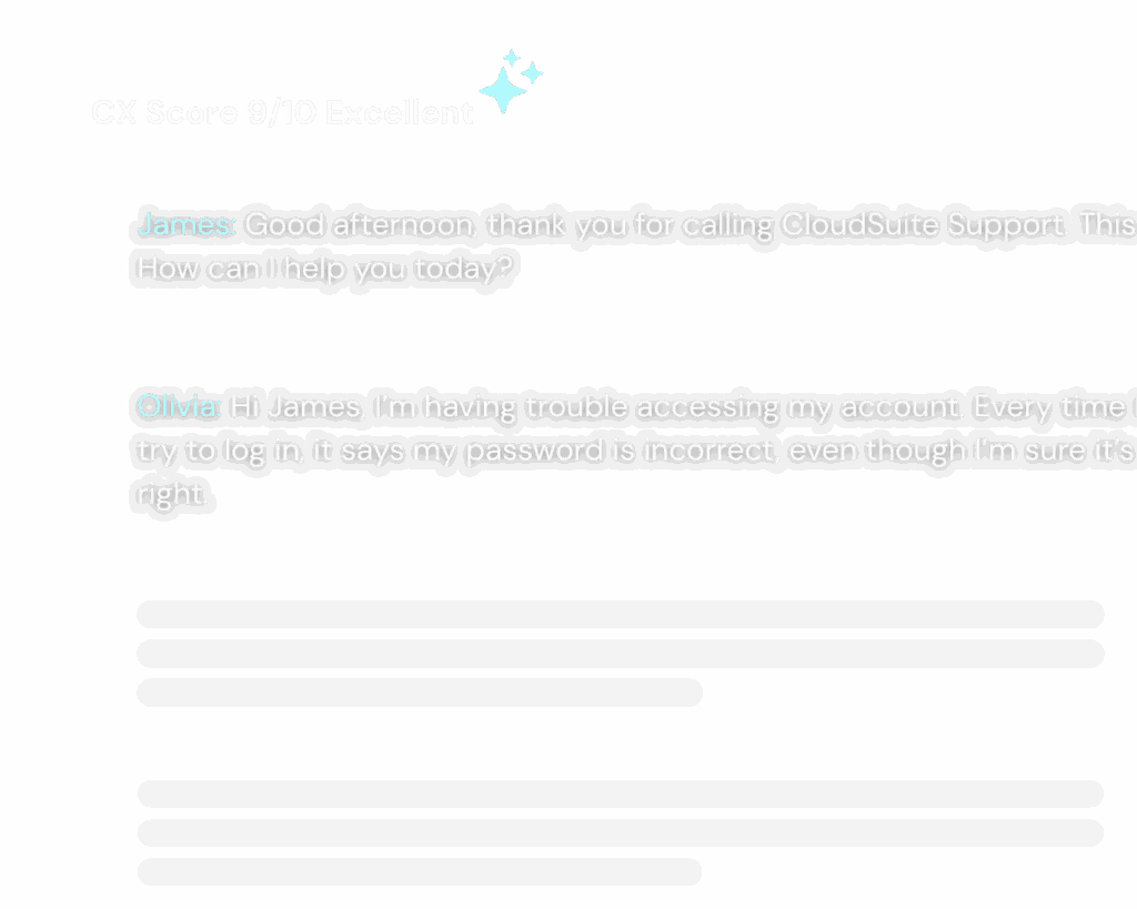 A customer service chat shows James greeting Olivia, who describes trouble logging into her account due to an incorrect password error. At the top, a "CX Score 9/10 Excellent" rating is displayed with a sparkle icon.