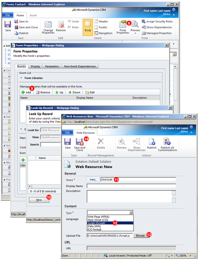 Microsoft Dynamics CRM IP PBX upload JavaScript