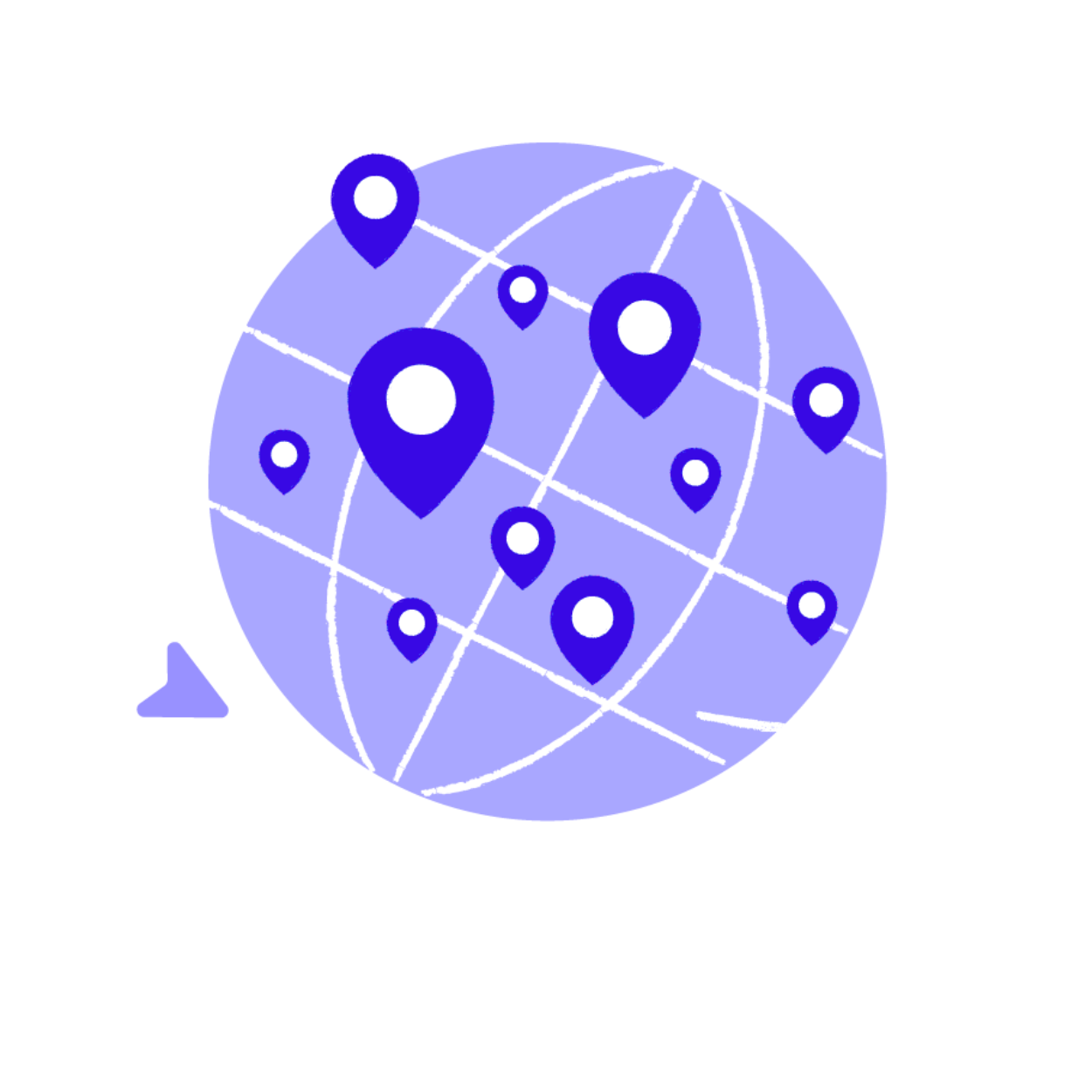 Illustration eines Globus mit Gitternetzlinien, der mehrere große Karten-Standortnadeln an verschiedenen Orten weltweit zeigt, alle in Violetttönen auf hellem Hintergrund.