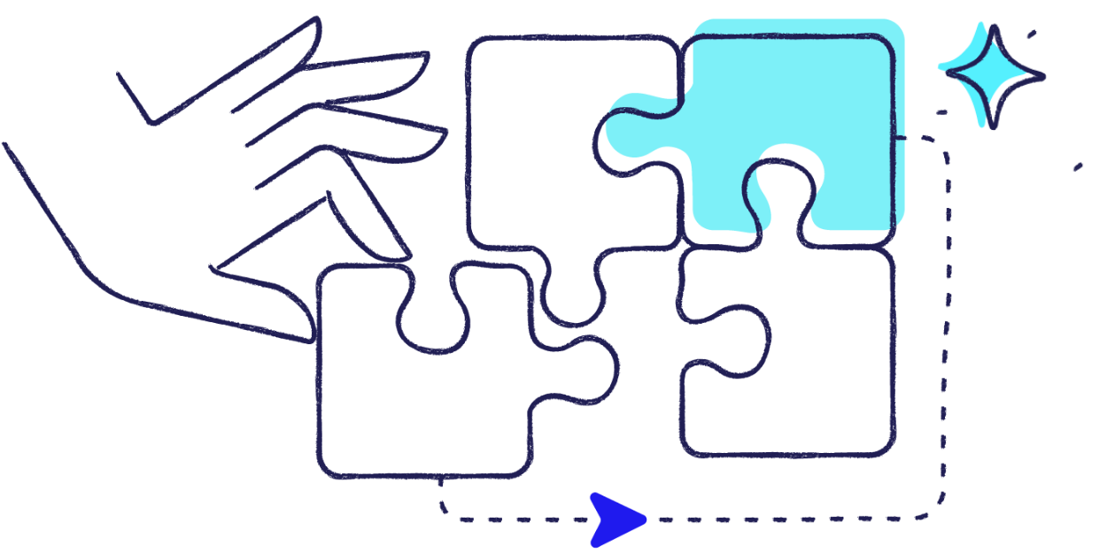 A hand places the final, blue puzzle piece into a four-piece puzzle, with a star and arrow highlighting the completed action.