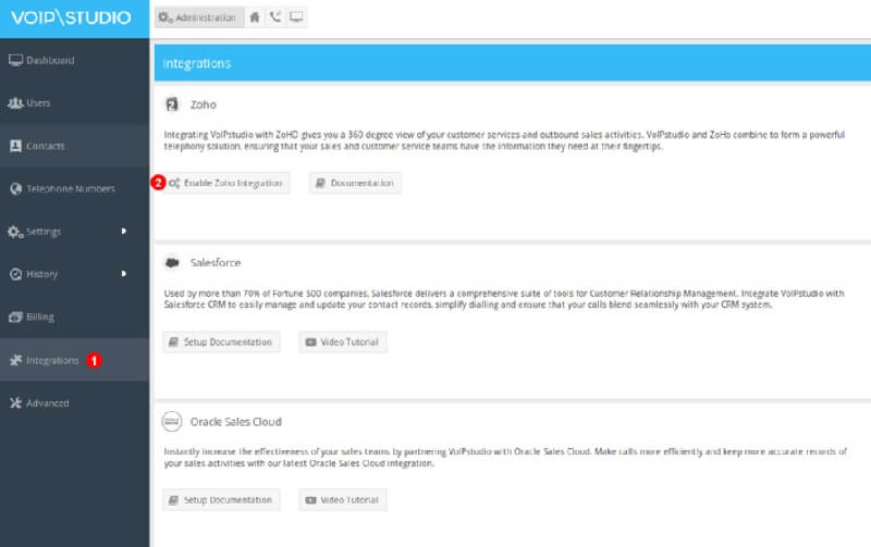 integration Zoho Bigin with VoIPstudio