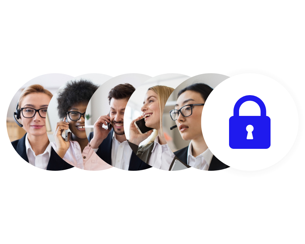 Several business people talking on the phone and a lock icon, suggesting the company's focus on secure calling and call recording.