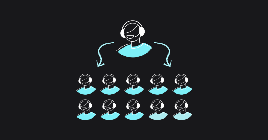 illustration showing one support agent with an arrow pointing to more support agents, meaning scaling and growing a number of support agents in a call center