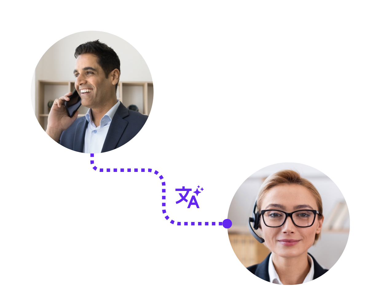 A man in a suit talks on a phone, and a woman with glasses and a headset smiles. A dotted line with a translation icon connects their images, suggesting a multilingual conversation.