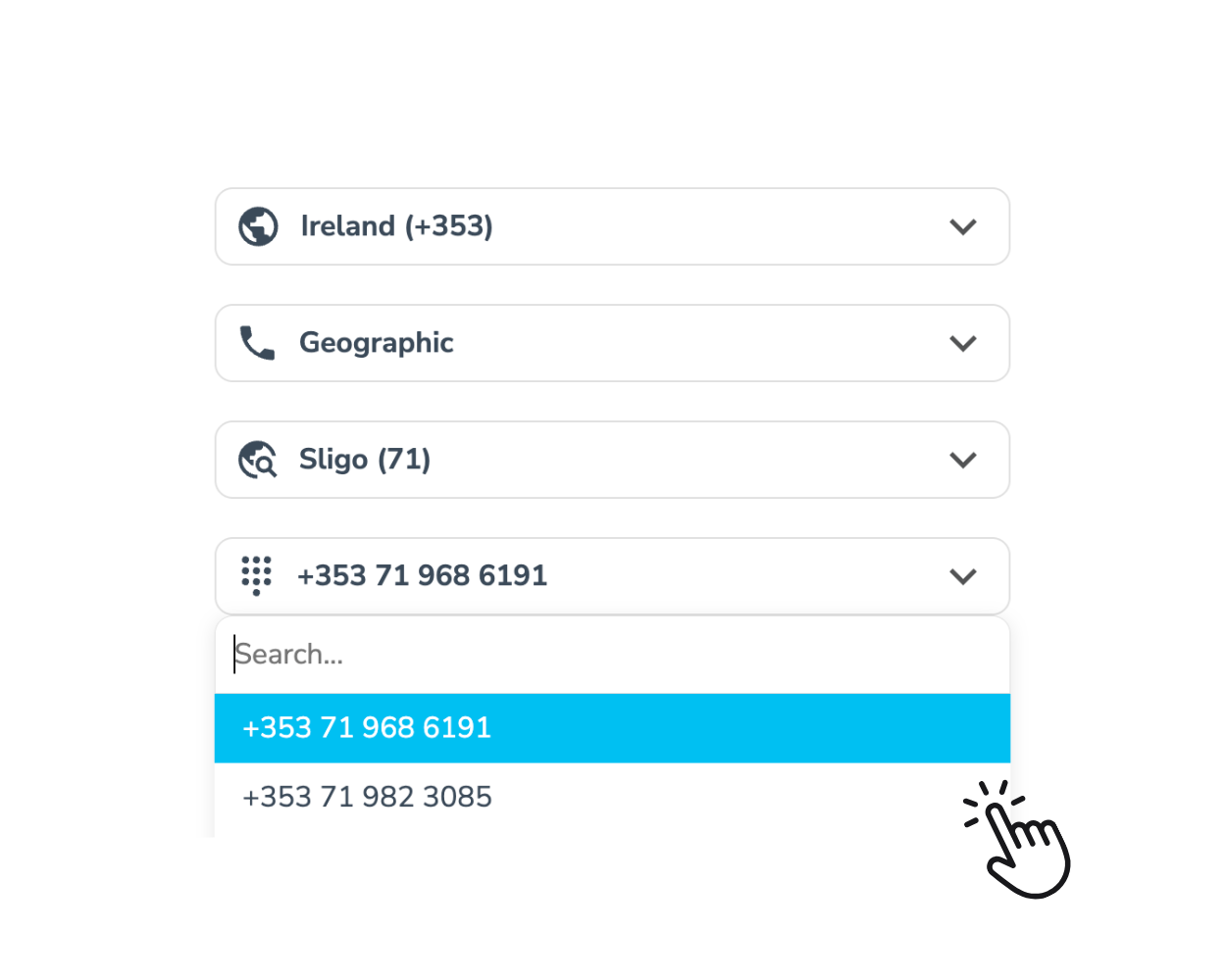 Eine Dropdown-Menü-Oberfläche zur Auswahl einer Telefonnummer. Die Optionen umfassen Irland als Land, Geografisch als Typ, Sligo als Bereich und eine hervorgehobene Telefonnummer: +353 71 968 6191. Ein Cursor zeigt auf die Auswahl.