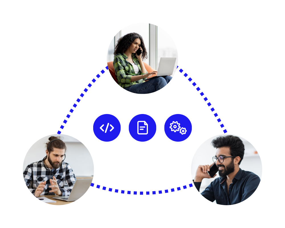 Three people collaborate remotely, connected by dotted lines forming a triangle. In the center are icons for coding, a document, and settings, symbolizing teamwork and digital project development.