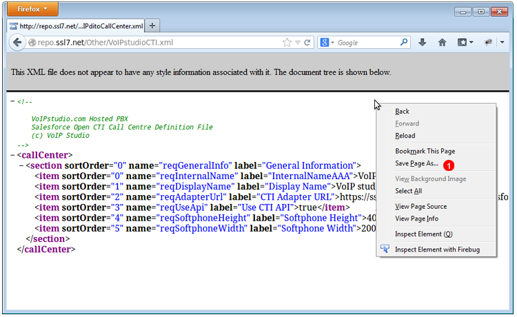 Salesforce VoIPStudio Call Cetner module - XML file definition