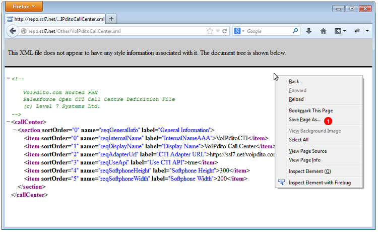 Salesforce VoIPstudio Call Cetner module - XML file definition