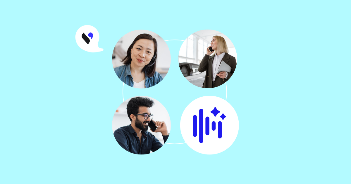 Drei Business-Profis, die um ein KI-Analytics-Icon herum verbunden sind und KI-gestützte Anrufanalyse und Insights über den VoIPstudio MCP Server veranschaulichen.