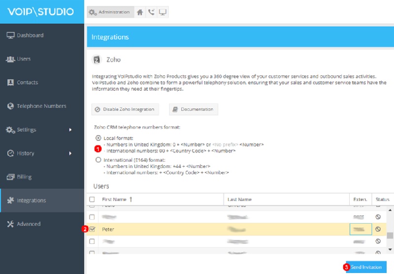 users at Zoho Bigin VoIPstudio integration