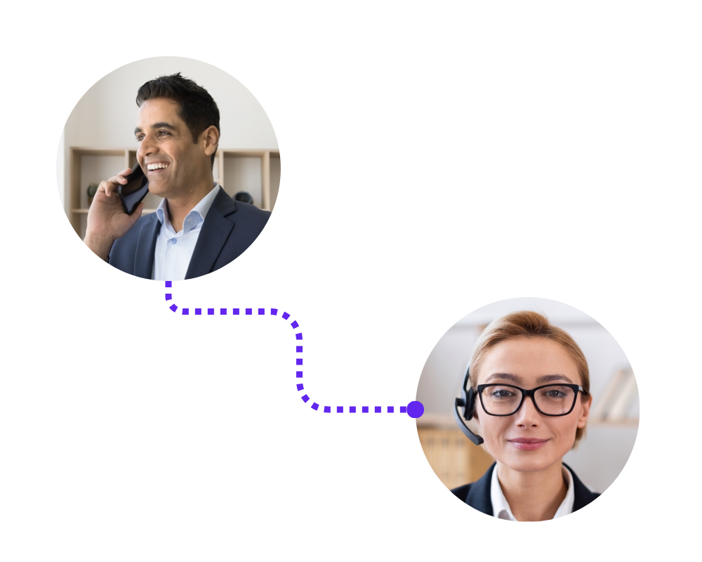 A man in a suit talks on a phone, and a woman with glasses and a headset smiles. A dotted line connects their images, suggesting a multilingual conversation.