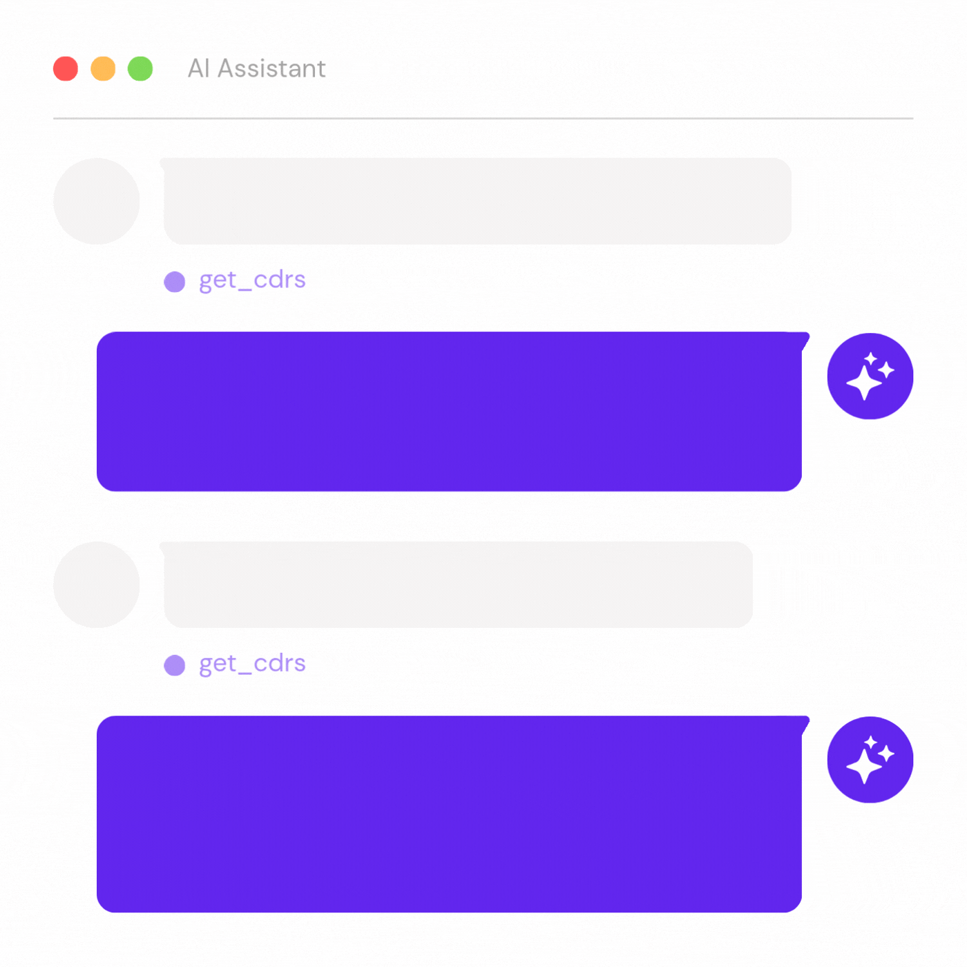 Animated illustration of an AI assistant using the VoIPstudio MCP Server to answer natural language questions about call data. The interface shows user queries, MCP tool calls (get_cdrs), and AI-generated responses analysing missed inbound calls and callback activity.