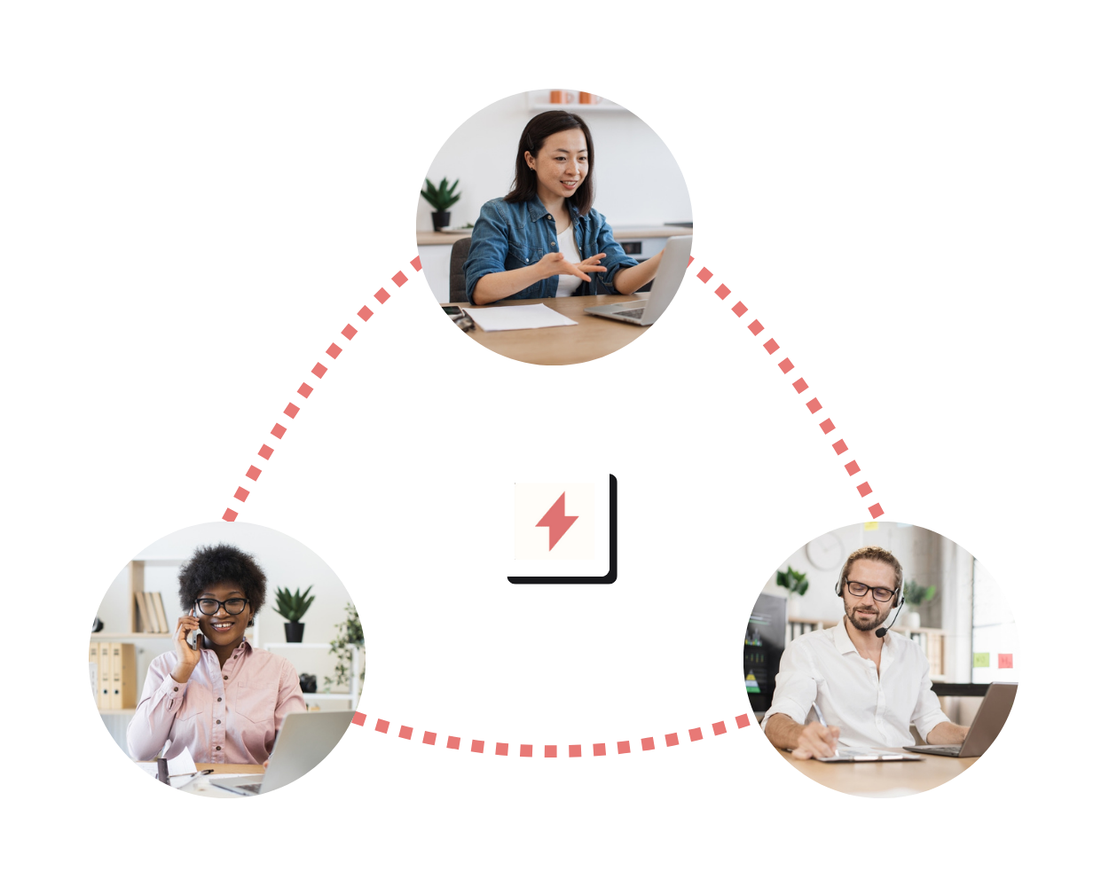 Three people—two women and one man—are connected by red dashed lines in a triangle around a power icon, suggesting remote teamwork or virtual collaboration. Each person is using a laptop or phone.